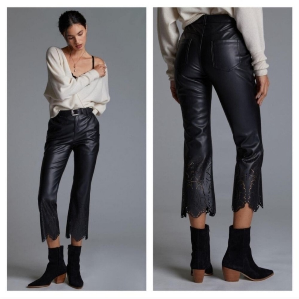 Anthropologie Faux Leather Laser Cut Cropped Pants, size 6